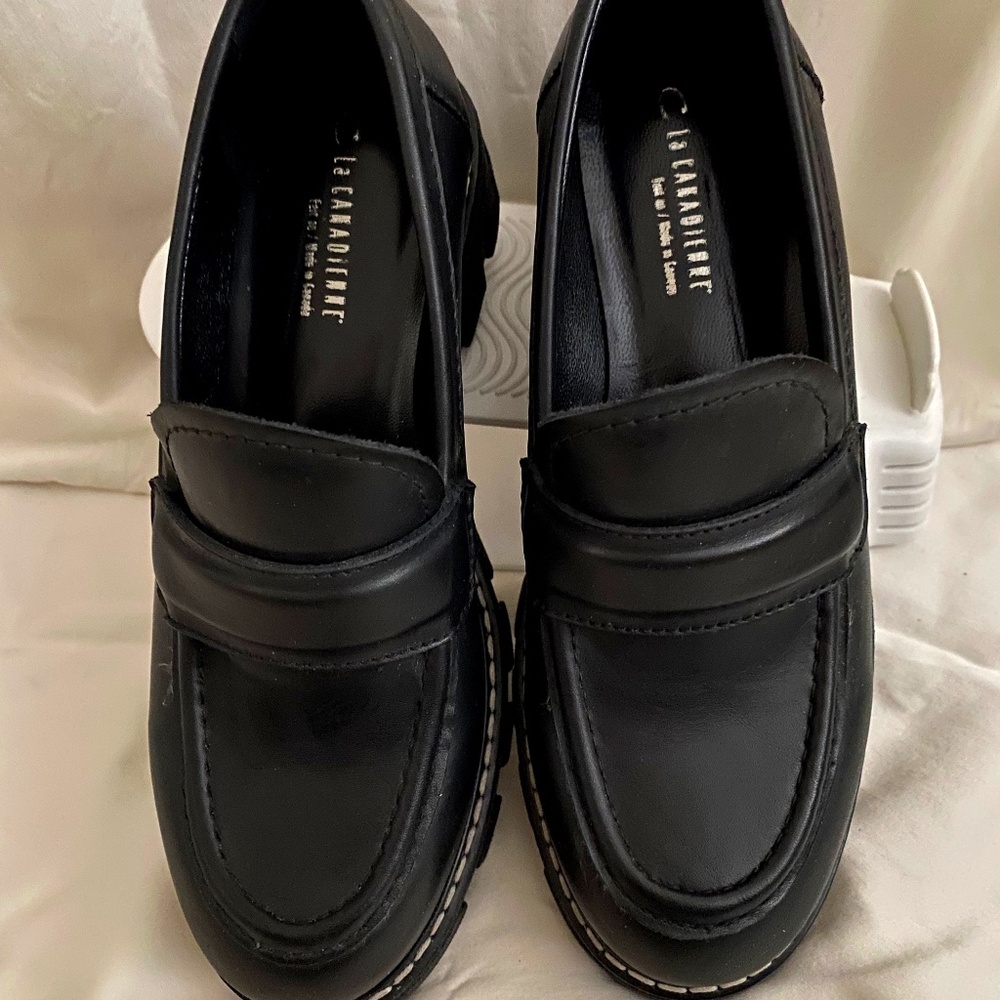 Black leather loafer platform